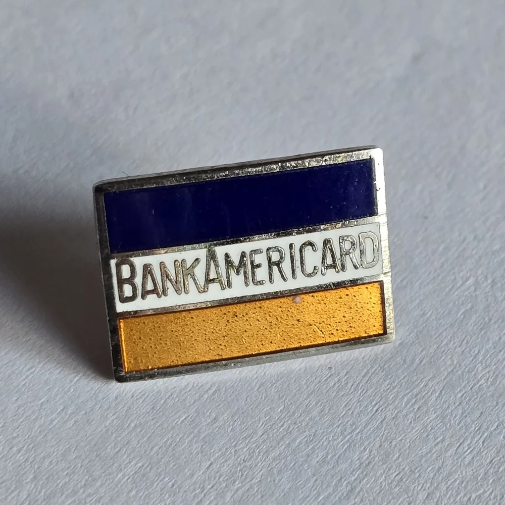 Vintage pin BankAmericard enamel silver tone brooch orange blue